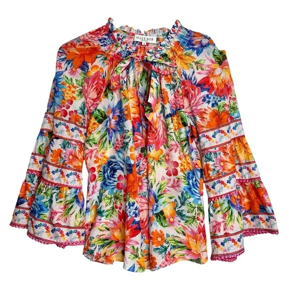 Hale Bob Top Lucinda Pink Orange Blue Floral Bell Sleeve Boho Resort Blouse M - Picture 9 of 15